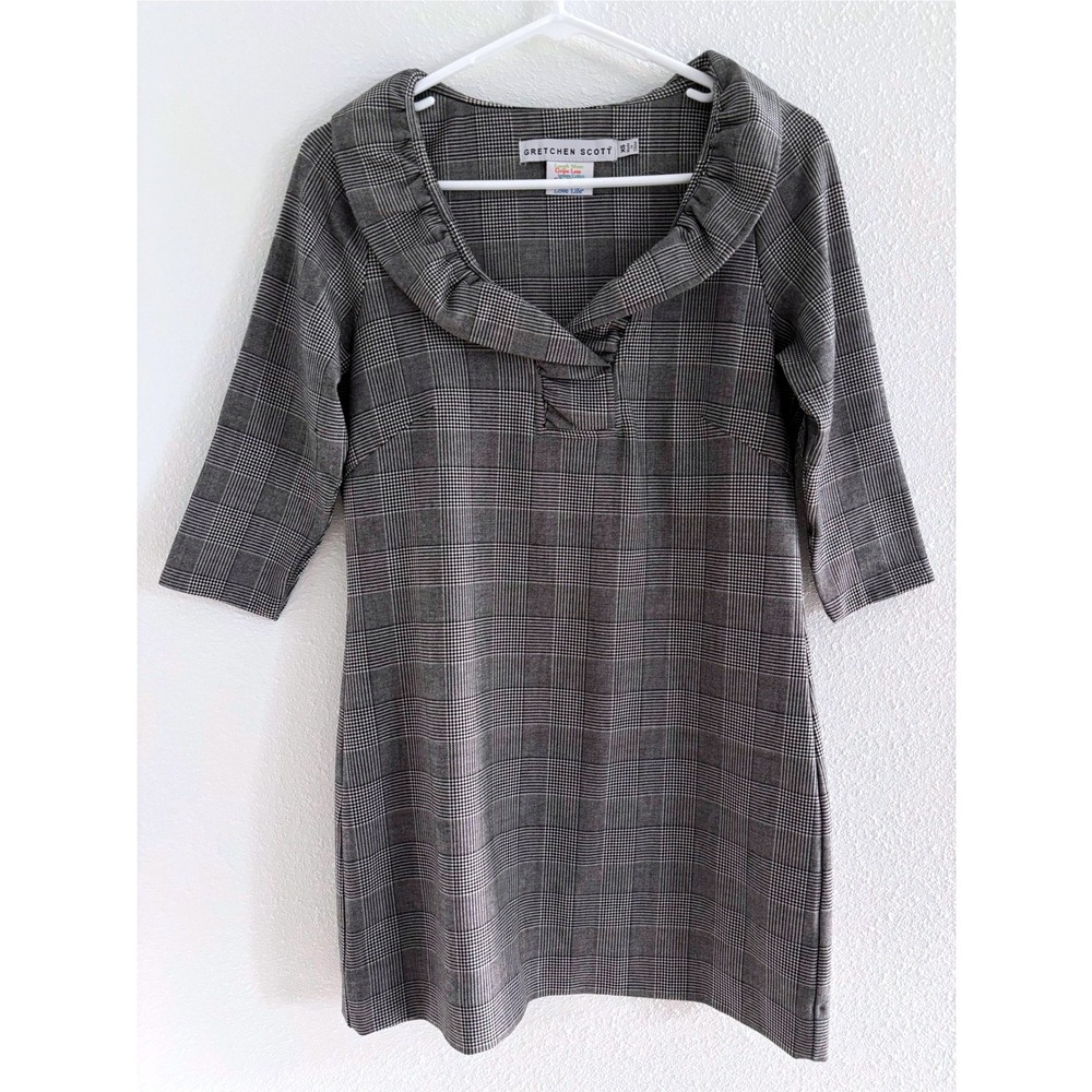 Gretchen Scott Dress Womens XS Gray Plaid Ruffle Preppy Career Luxury Holiday